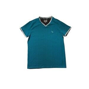 Stone Falcon V-Neck T-Shirt Mens L Blue Short Sleeve Knit Cotton Spandex Casual